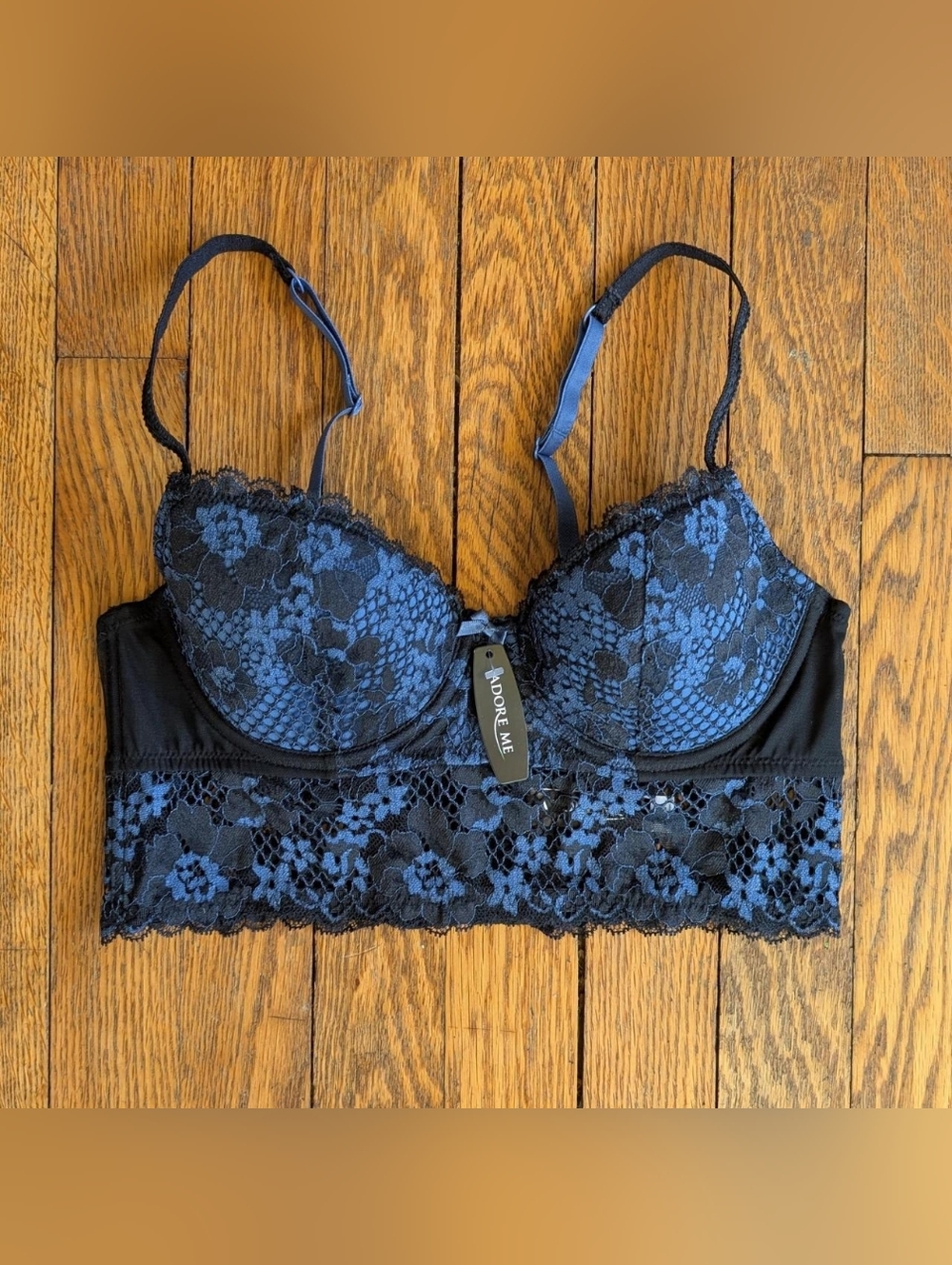 NWT Adore Me Blue & Black Lace Longline Bra